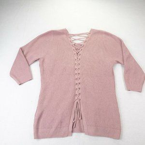 Soho Sweater Womens Large Pink Open Back Long Sleeve Knit Lace Up Casual  5122